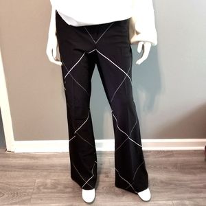 New York & Company Black Wide Leg Trousers with White Geometric Stitching